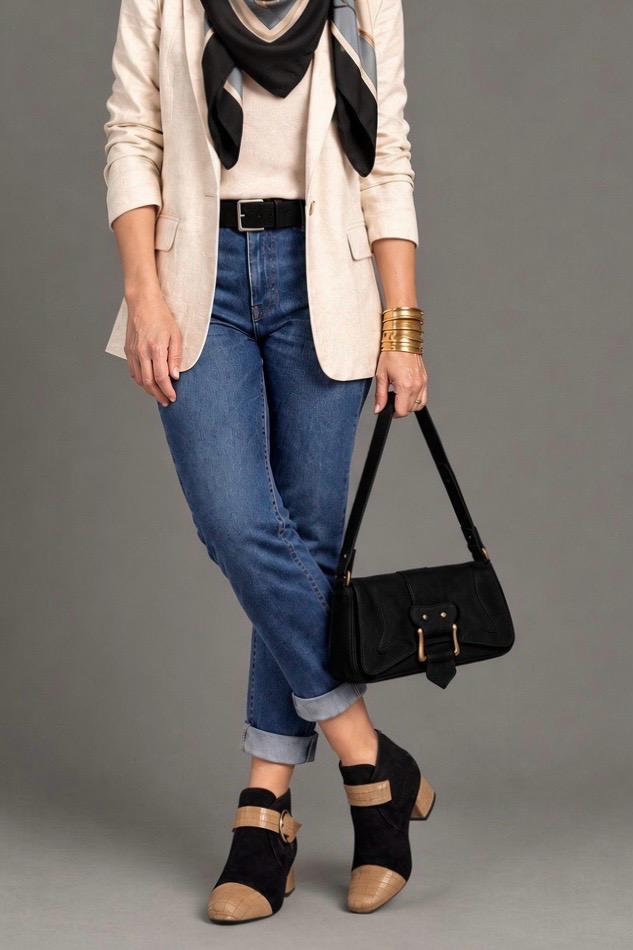 Women's camel and pitch black front-buckle ankle boots with round toe and low flared heel - Top view